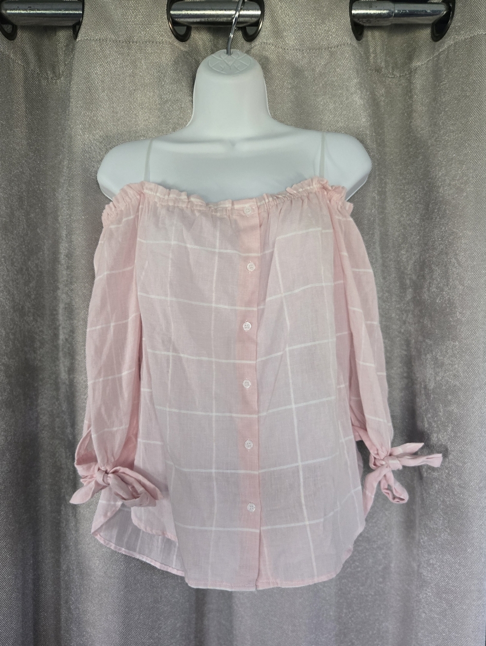 ⭐️Caution To The Wind Off-Shoulder Pink Windowpane Blouse⭐️